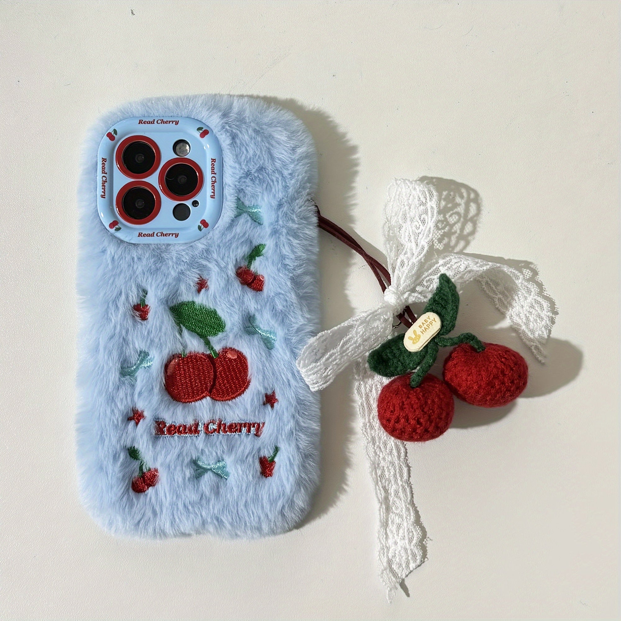 Autumn And Winter Cherry Plush Phone Case with Cherry Pendant for Iphone 16 Pro Max